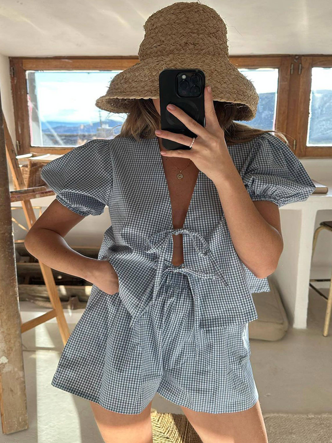 LULU & SKY Blue Checked Halter Neck Top with Shorts