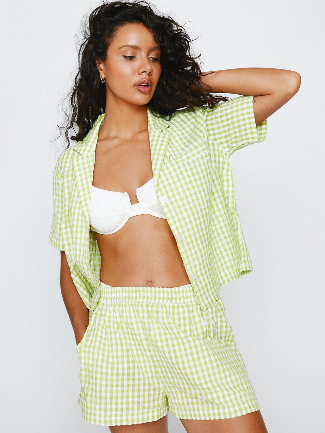 LULU & SKY Gingham Pattern Collar Shirt With Shorts Co-Ords