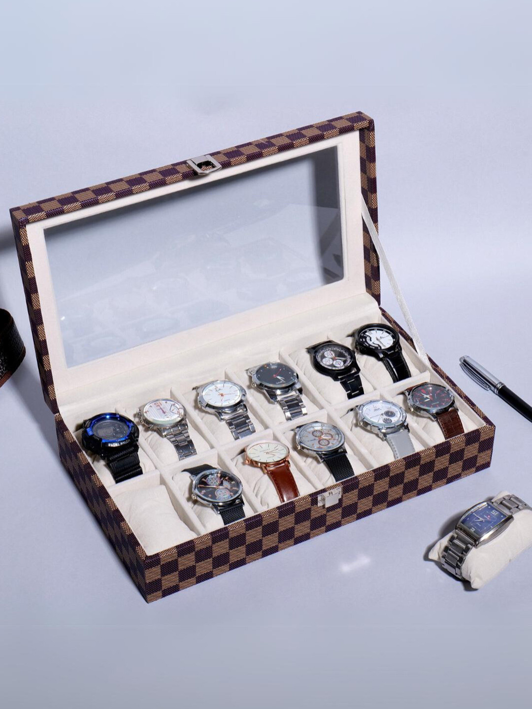 La Trove 12 Slot Browncheck leather Watch Organizer Glass Top Box for Wardrobe Closet