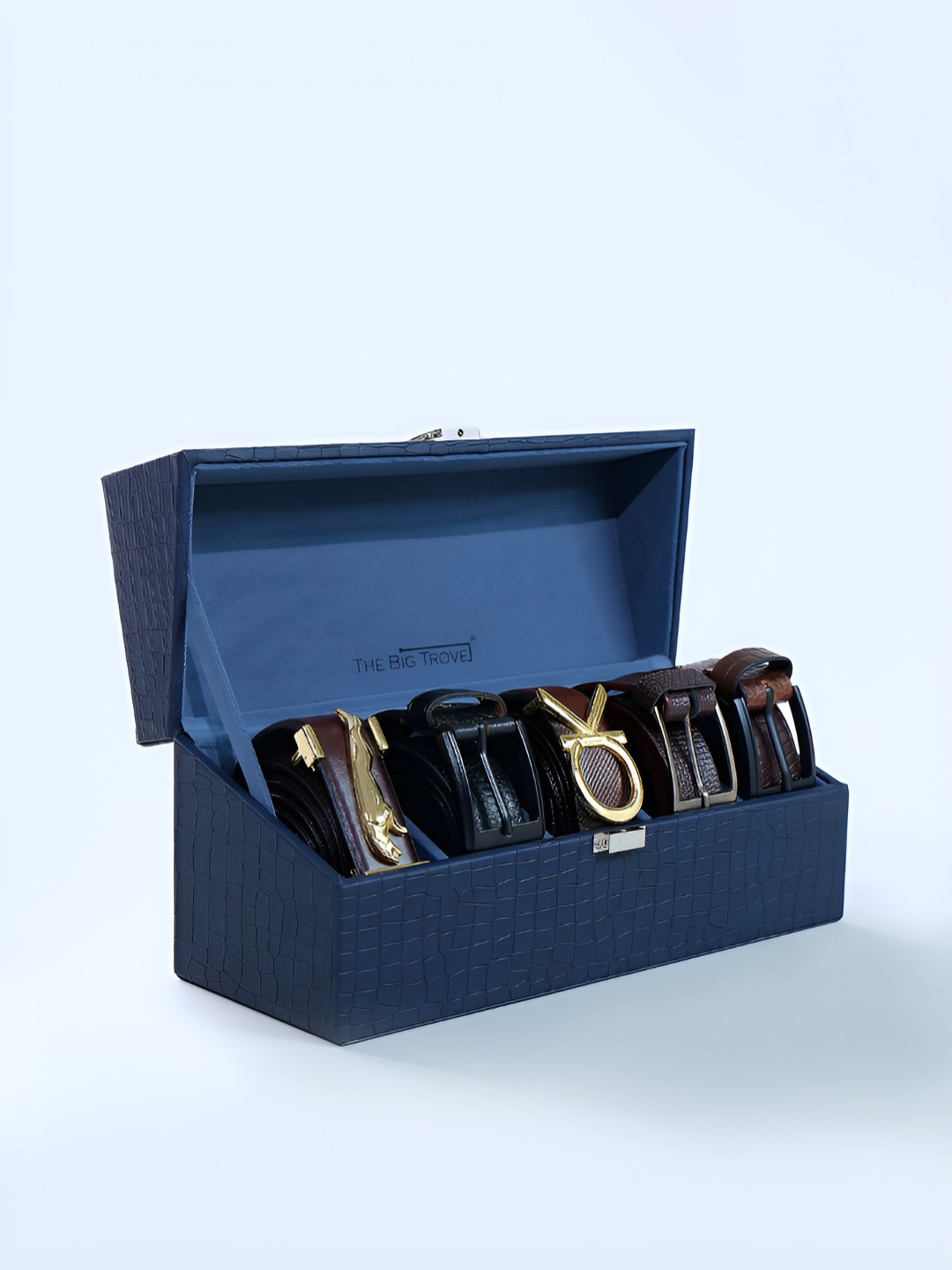 La Trove 5 Slot Blue Leather Belt Organizer Closed Top Box for Wardrobe Closet