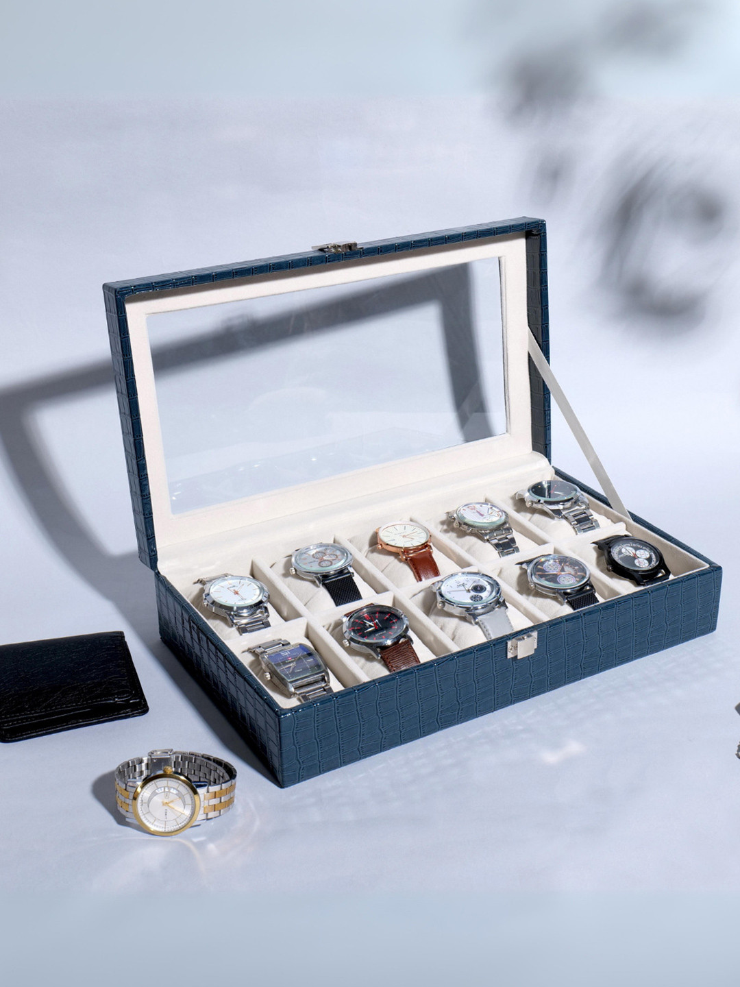 La Trove Men 10 Slot Blue Leather Watch Organizer Box for Wardrobe Closet
