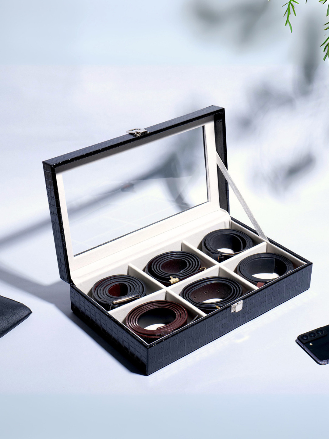 La Trove Unisex 6 Slot Black Leather Belt Organizer Box for Wardrobe Closet
