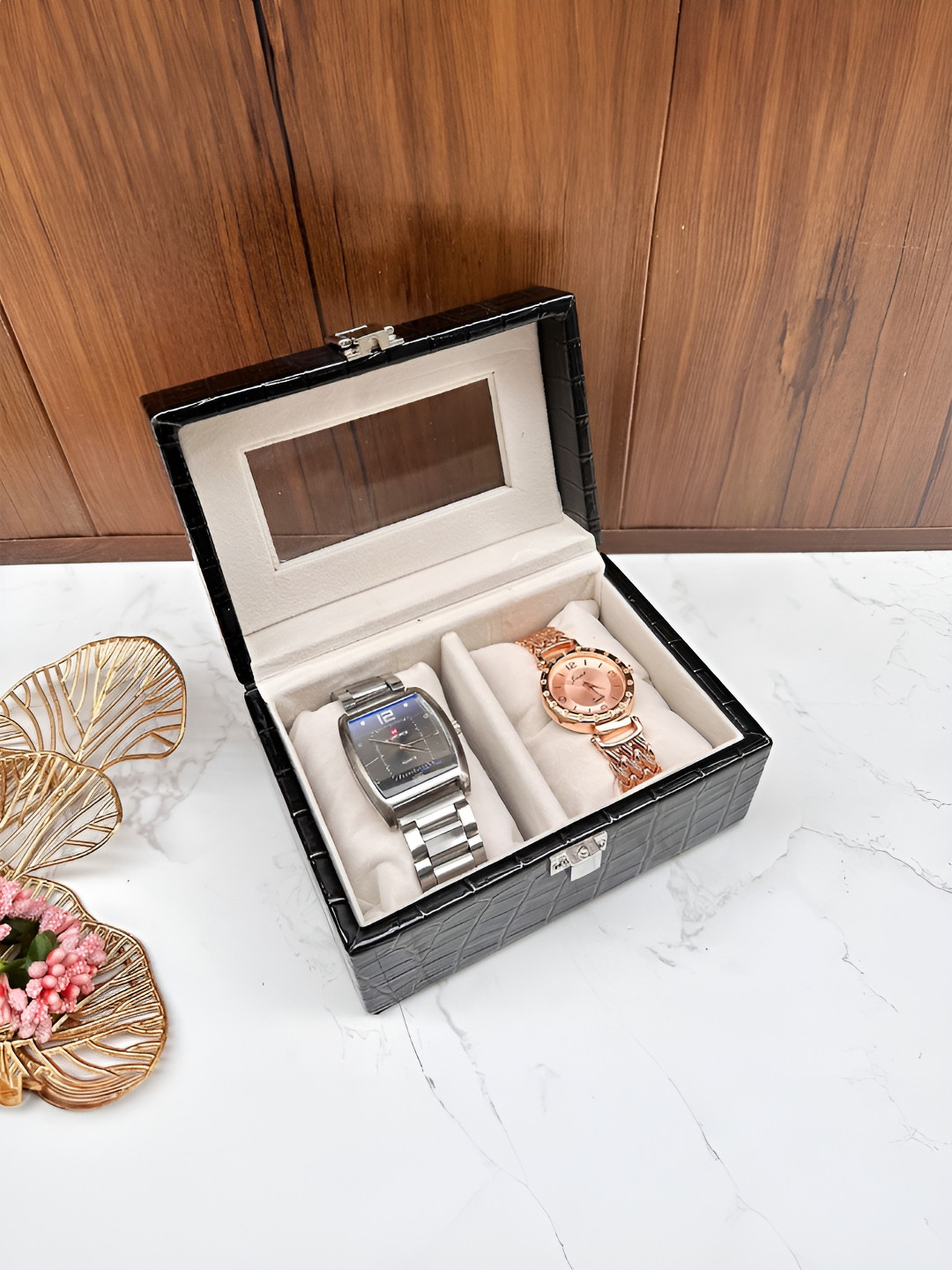 La Trove 2 Slot Black Leather Watch Organizer For Wardrobe Closet