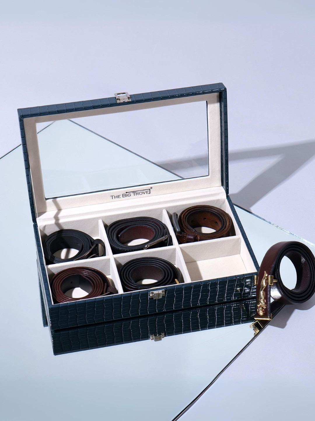 La Trove Unisex 6 Slot Blue Leather Belt Organizer Box for Wardrobe Closet