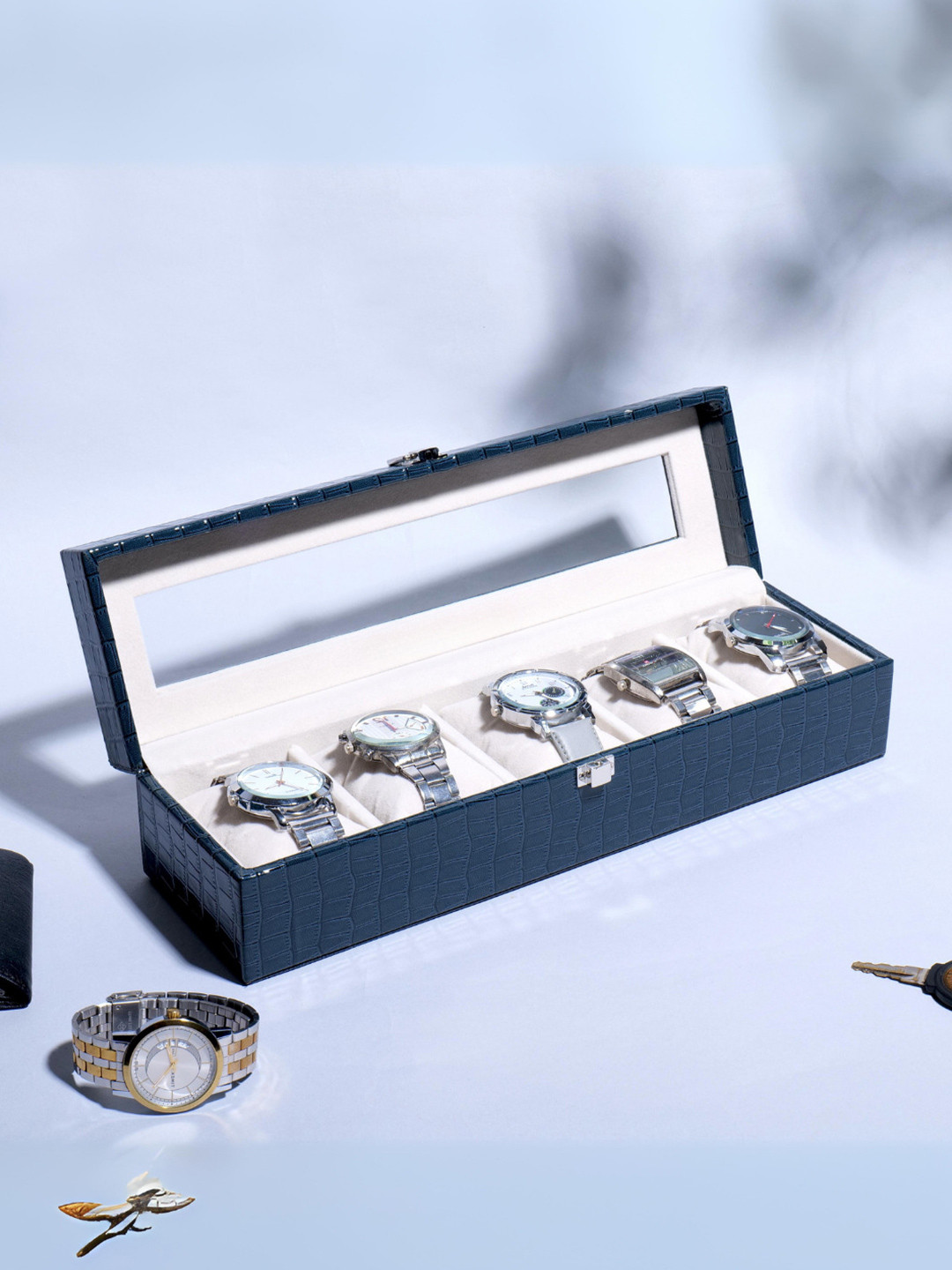 La Trove Men 5 Slot Blue Leather Watch Organizer Box for Wardrobe Closet