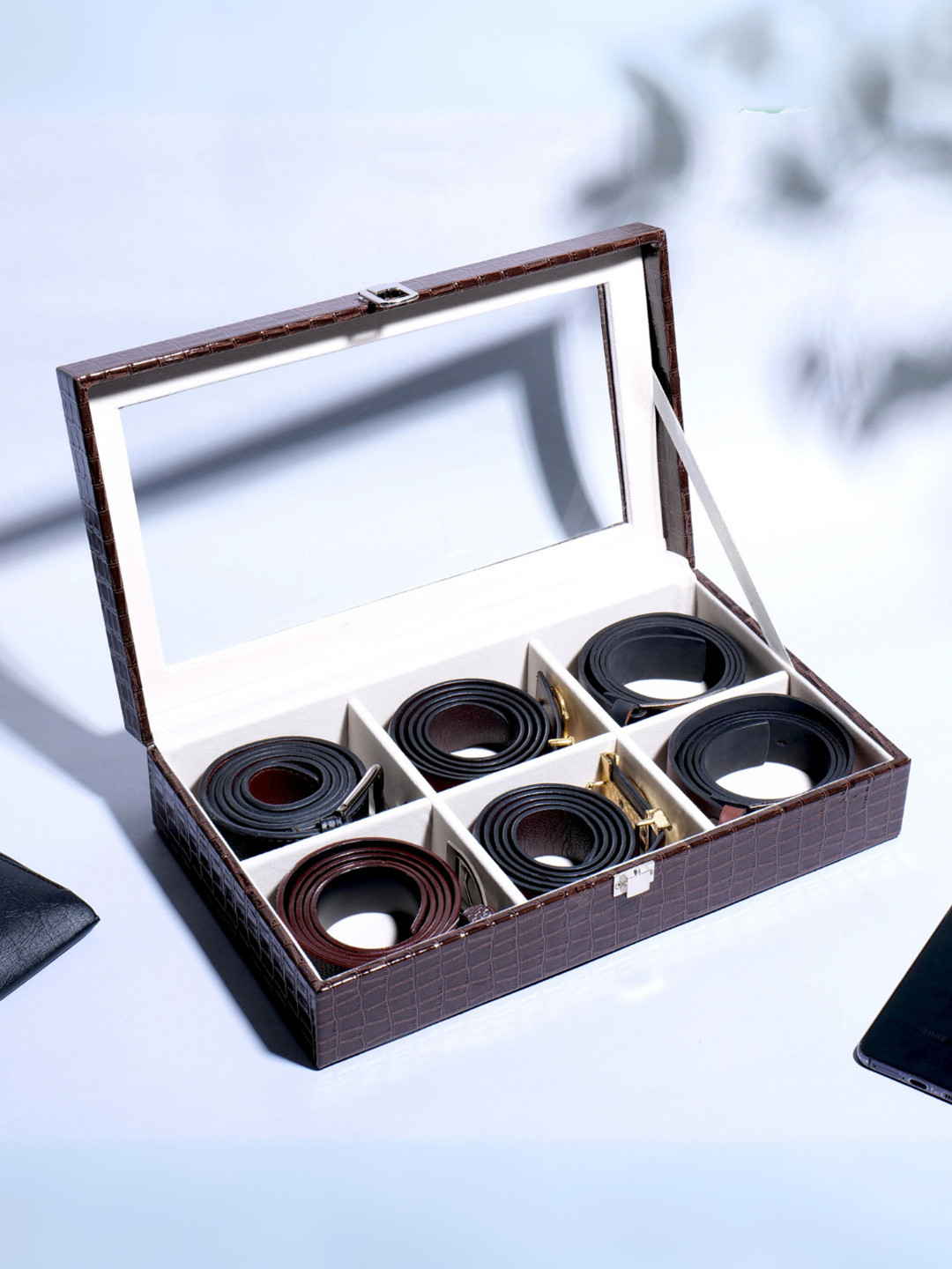 La Trove 6 Slot Brown Leather Belt Organizer Box for Wardrobe Closet