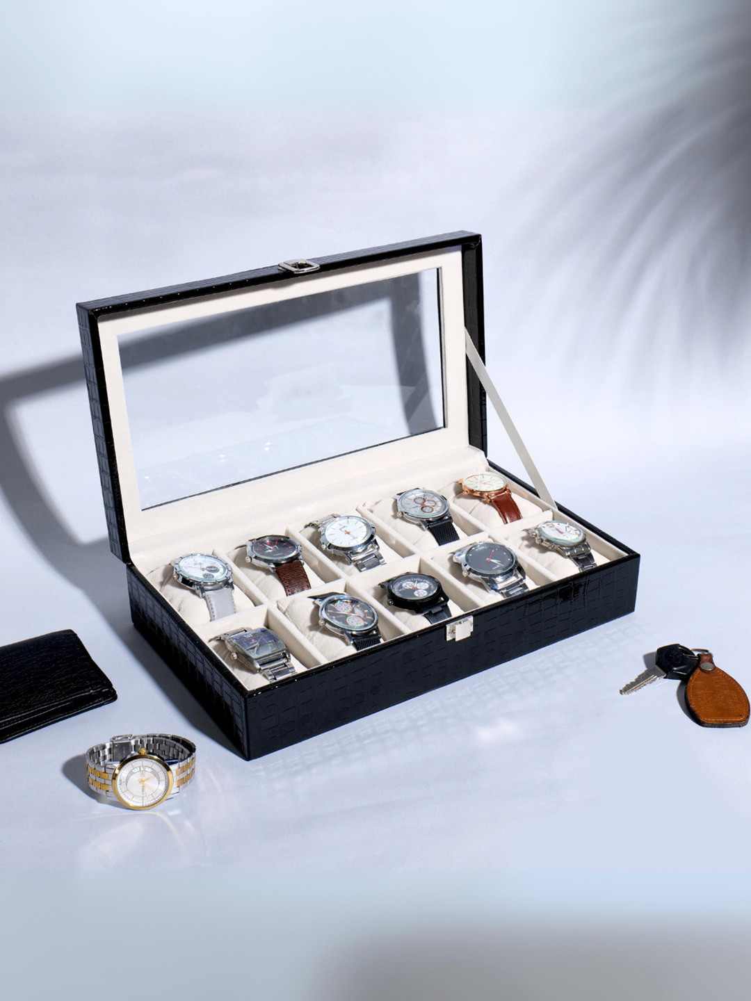 La Trove Men 10 Slot Black Leather Watch Organizer Box for Wardrobe Closet