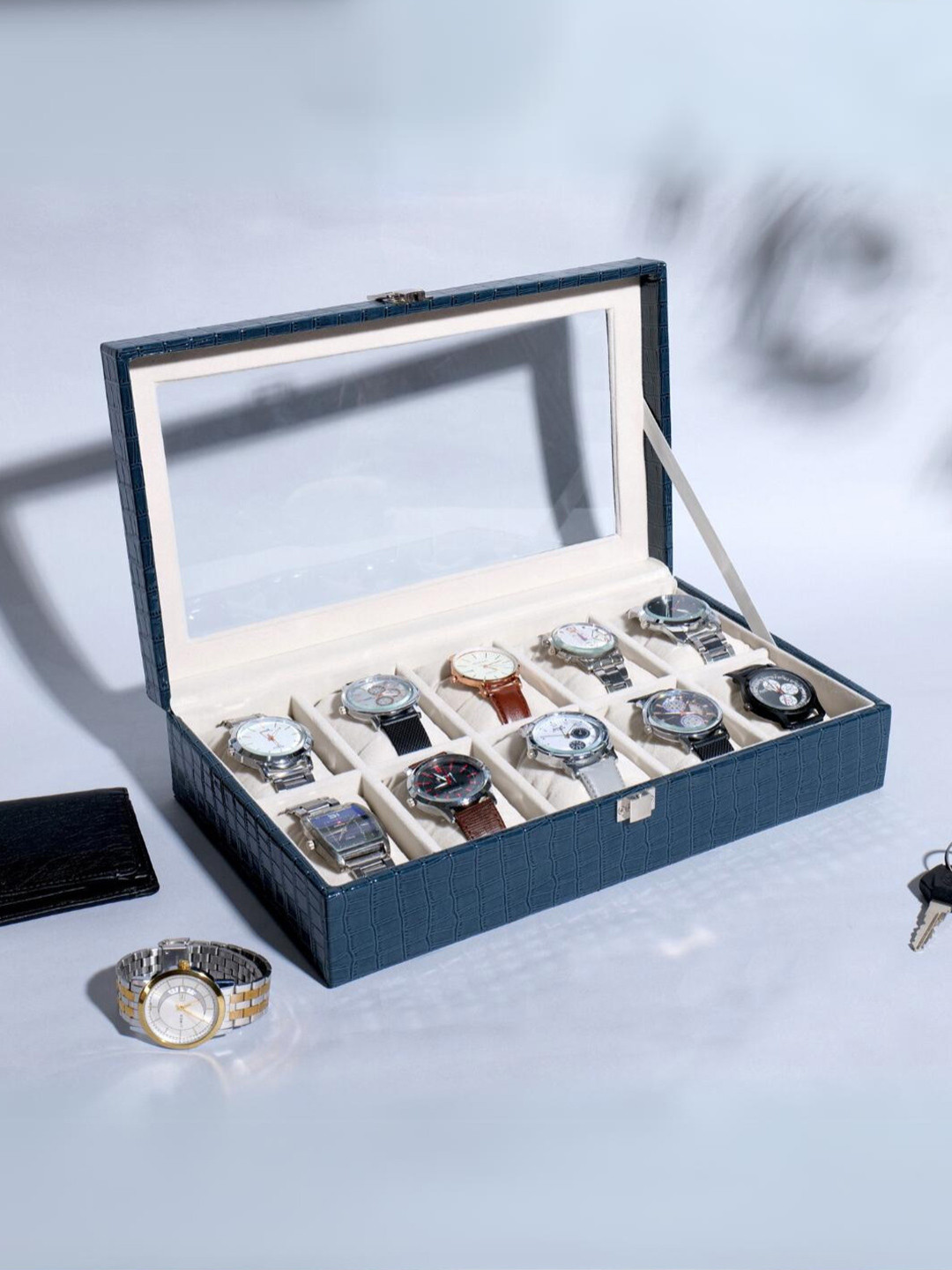 La Trove Unisex 12 Slot Blue leather Watch Organizer Glass Top Box for Wardrobe Closet