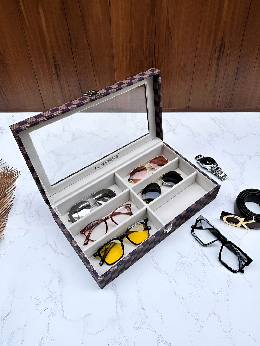 La Trove 6 Slot Browncheck Leather Sunglass Organizer Glass Top Box for Wardrobe Closet