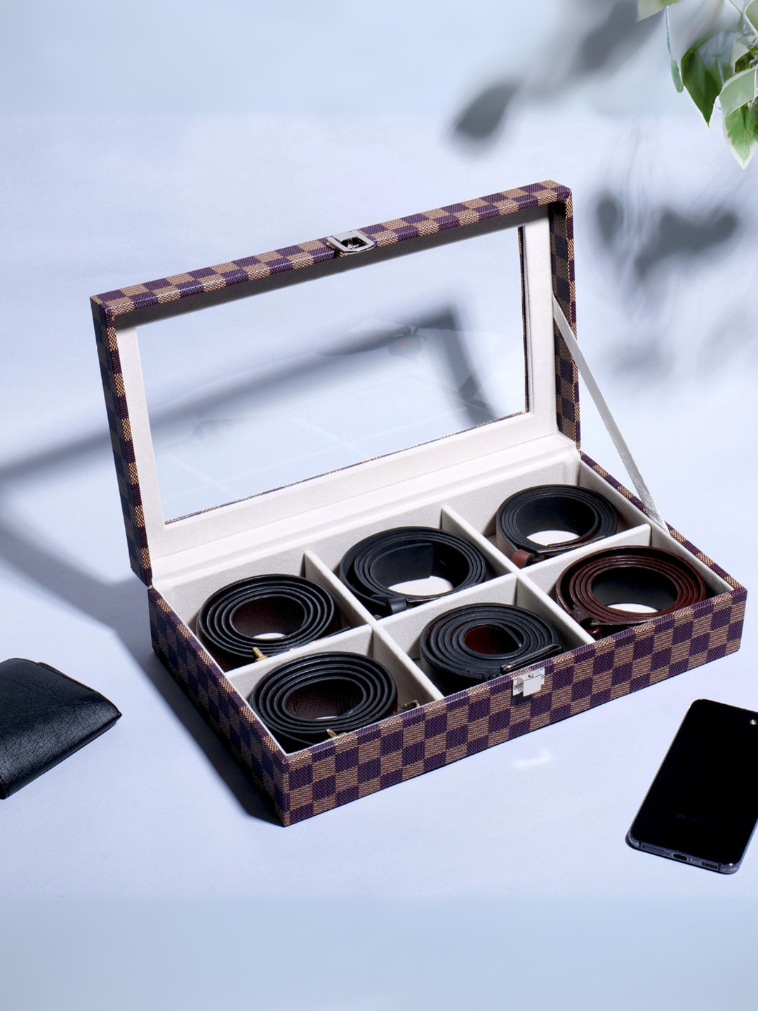 La Trove Unisex 6 Slot Browncheck Leather Belt Organizer Box for Wardrobe Closet