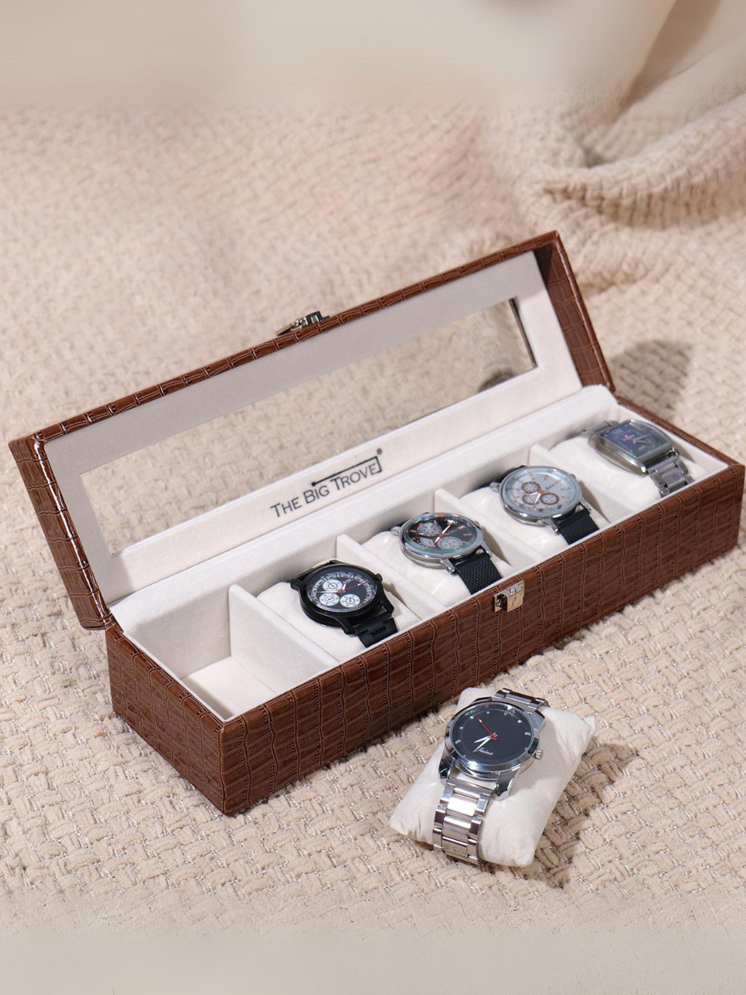 La Trove Men 5 Slot Brown Leather Watch Organizer Box for Wardrobe Closet