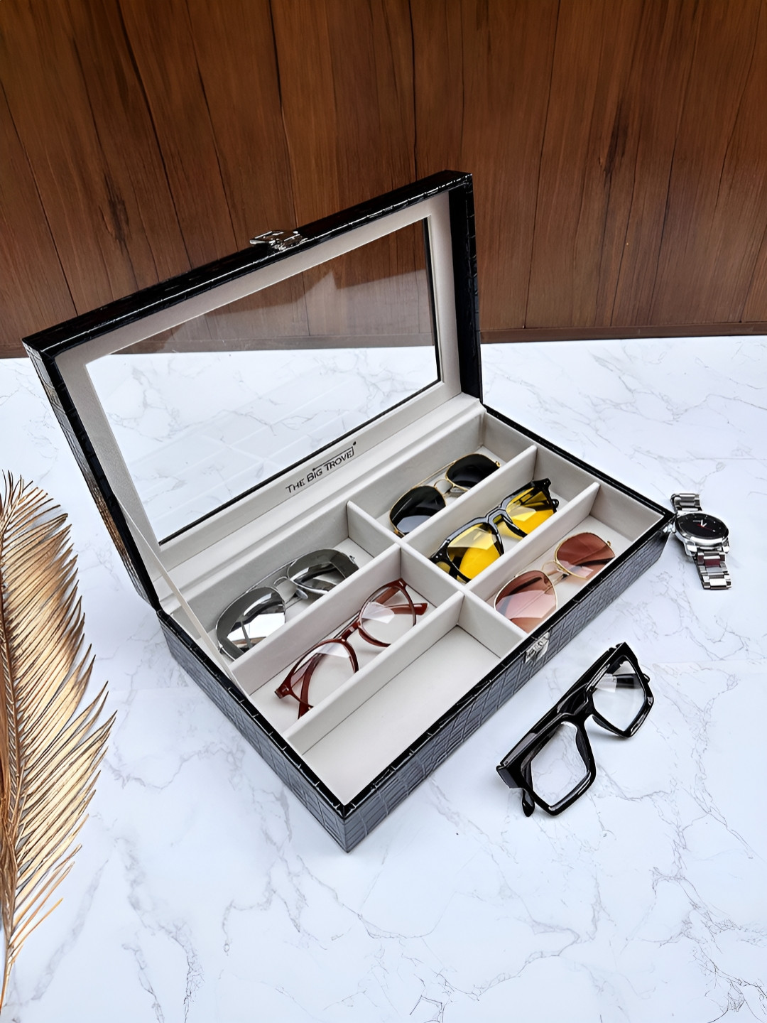 La Trove Unisex 6 Slot Black Leather Sunglass Organizer Glass Top Box for Wardrobe Closet