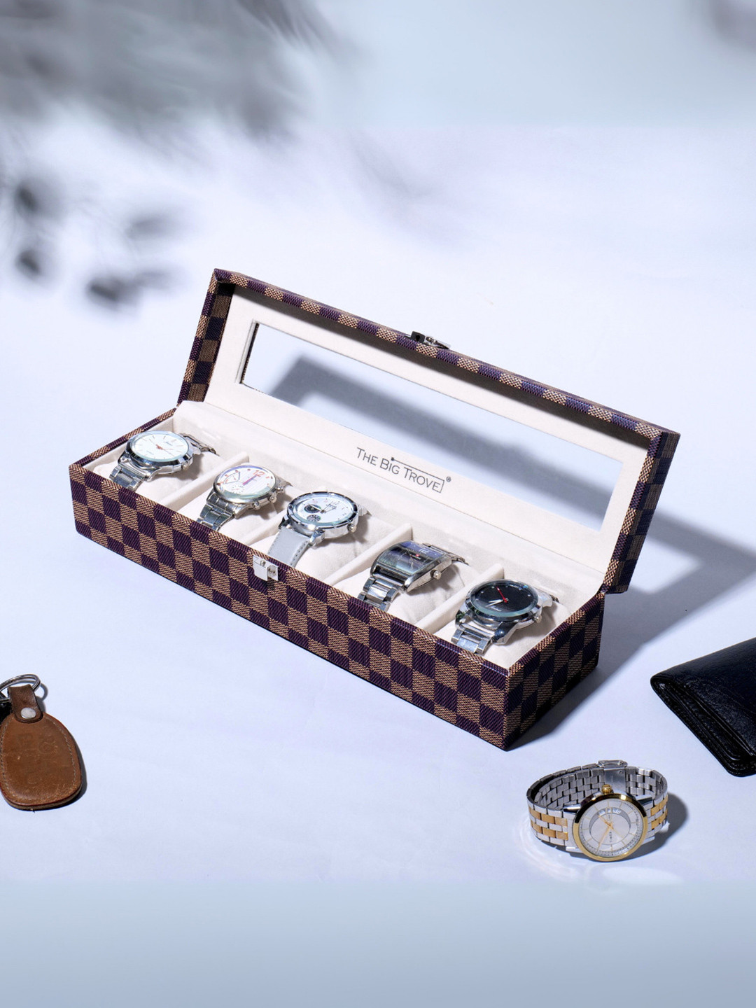 La Trove Men 5 Slot Browncheck Leather Watch Organizer Box for Wardrobe Closet