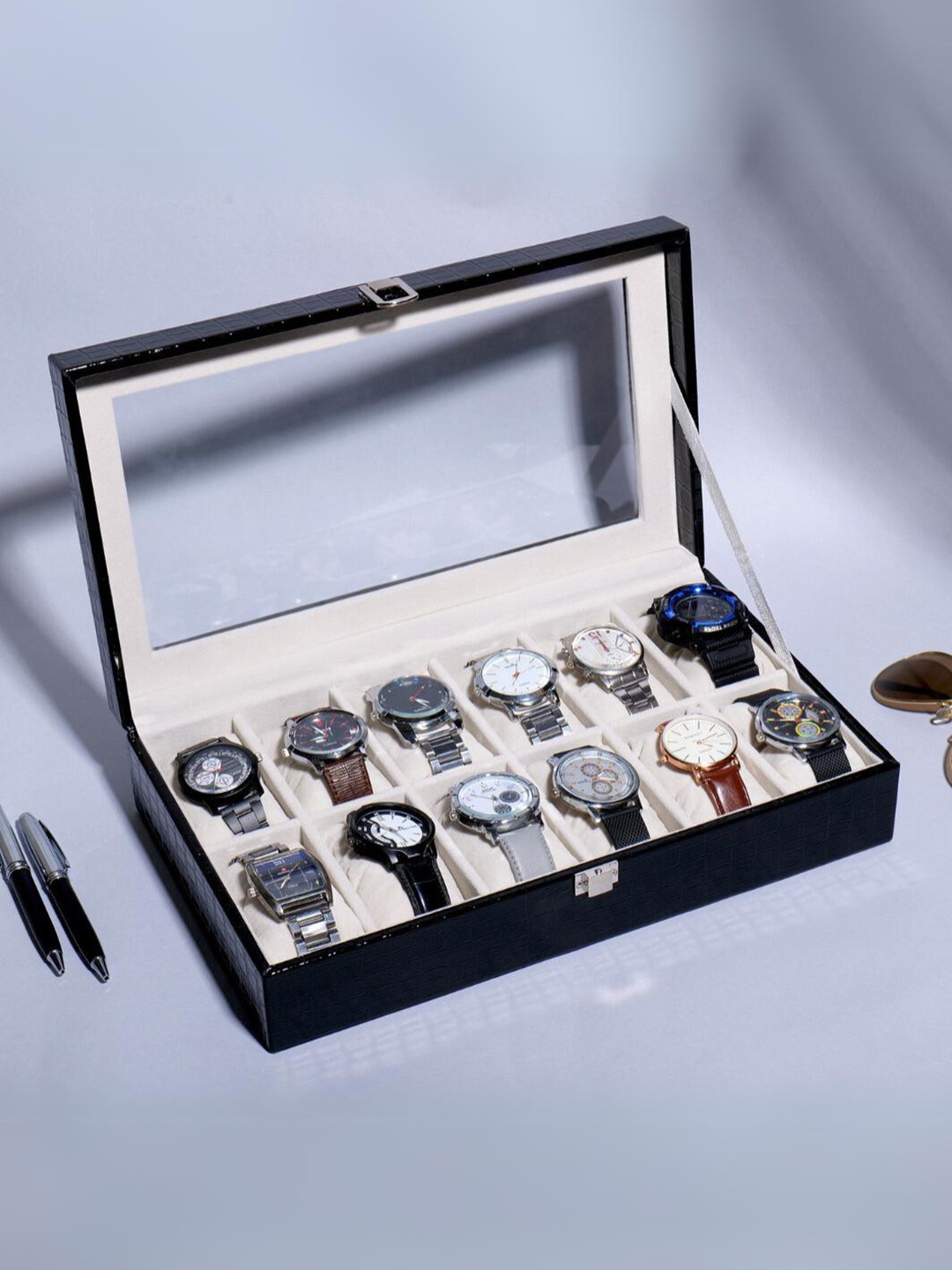 La Trove Unisex 12 Slot Black leather Watch Organizer Glass Top Box for Wardrobe Closet