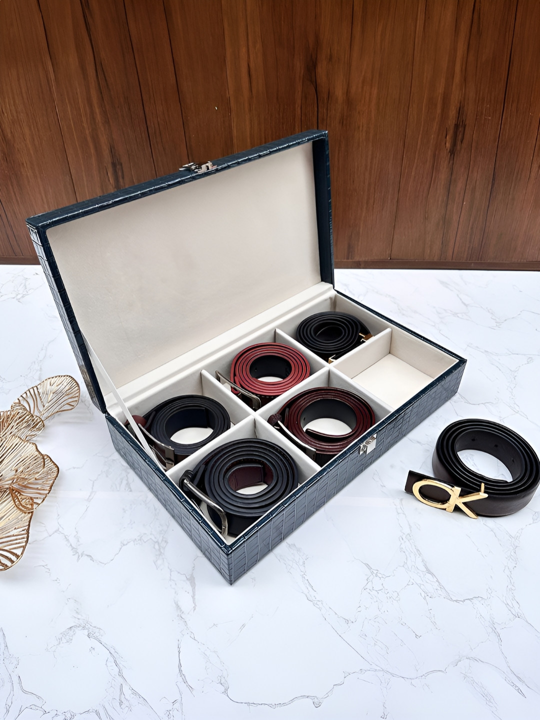 La Trove Unisex 6 Slot Blue Leather Belt Organizer Closed Top Box for Wardrobe Closet