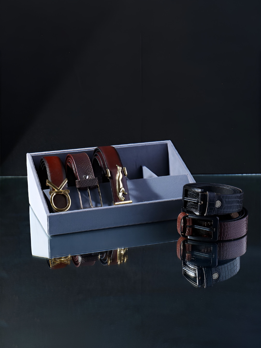 La Trove 5 Slot Grey Velvet Belt Organizer Taper Tray