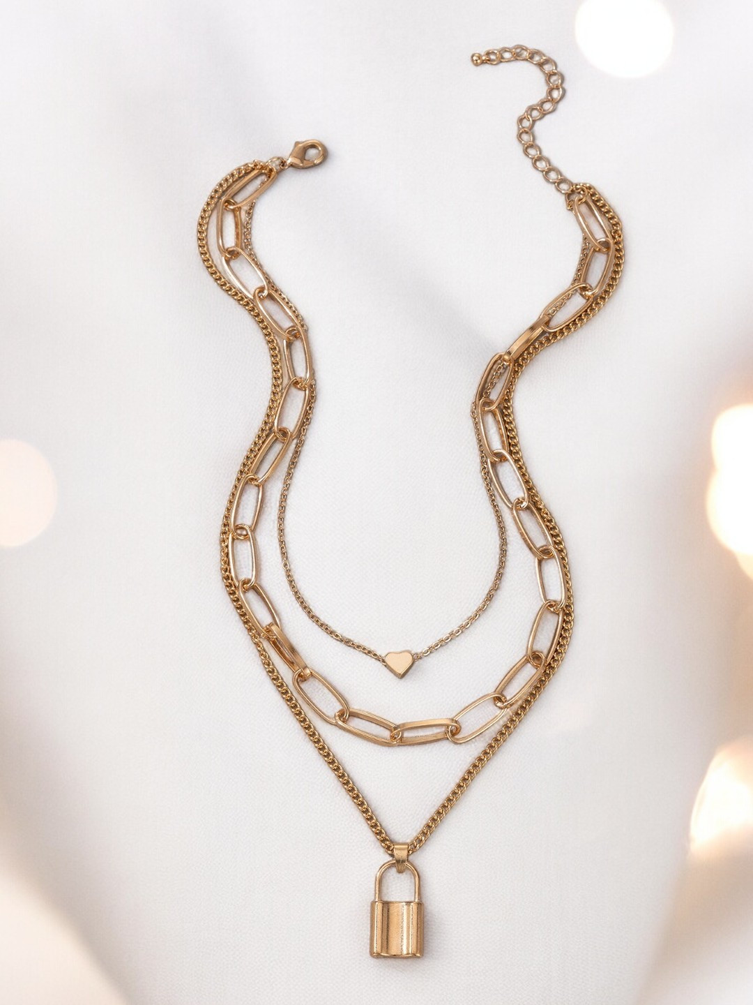 OOMPH Link Heart & Lock Layered Necklace