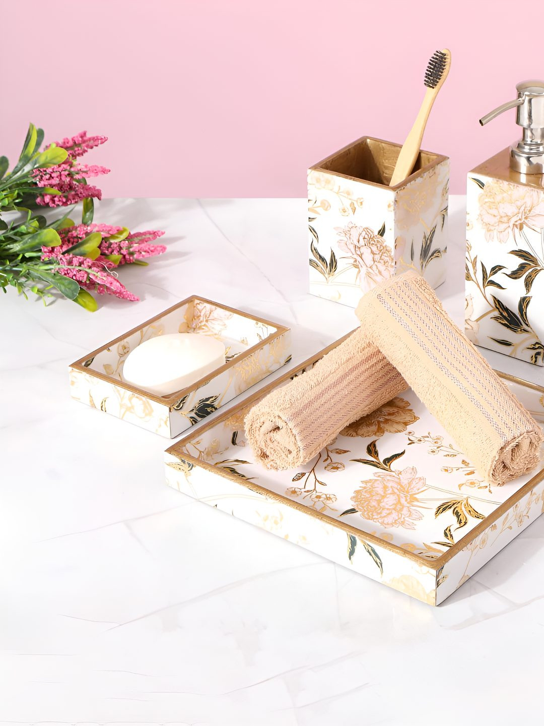 THE HOME CO. White & Green 4 Pieces Floral Printed Matte Finish Wooden Bath Accessories