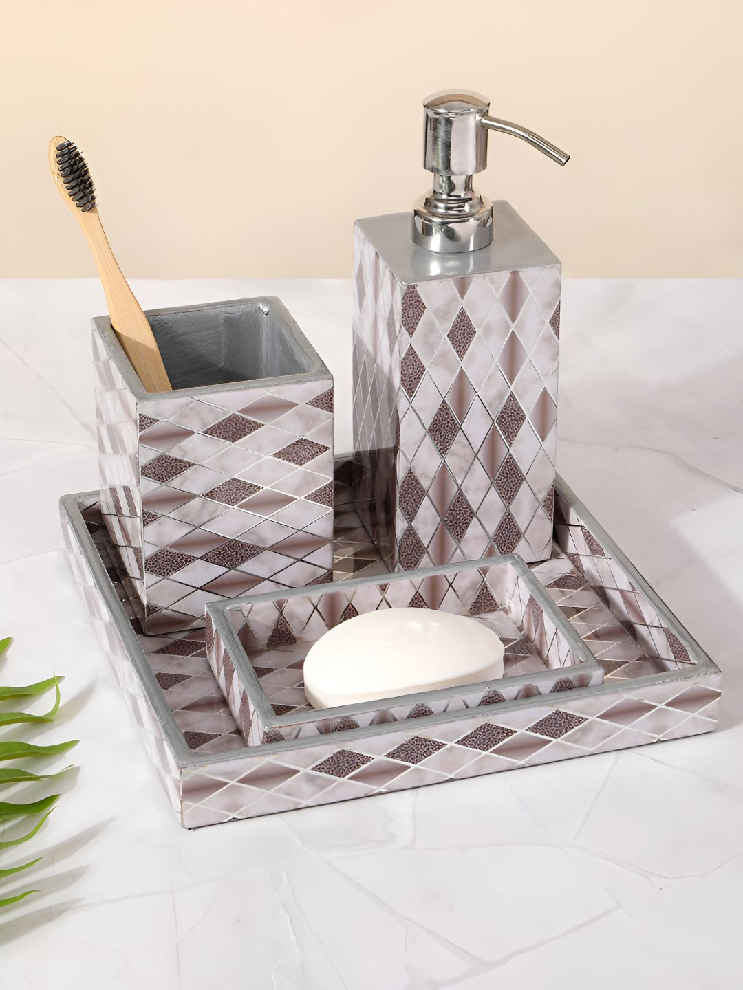 THE HOME CO. Grey & Brown 4 piece Geometric Wood Soap Dispenser Set