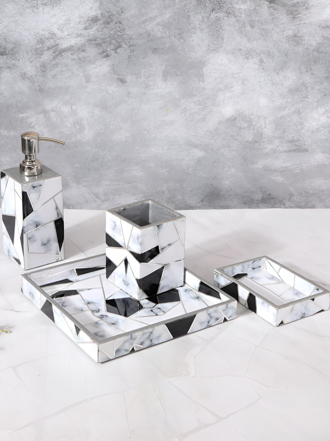 THE HOME CO. Grey & Black 4 Pieces Abstract Printed Wooden Bath Accessories Set