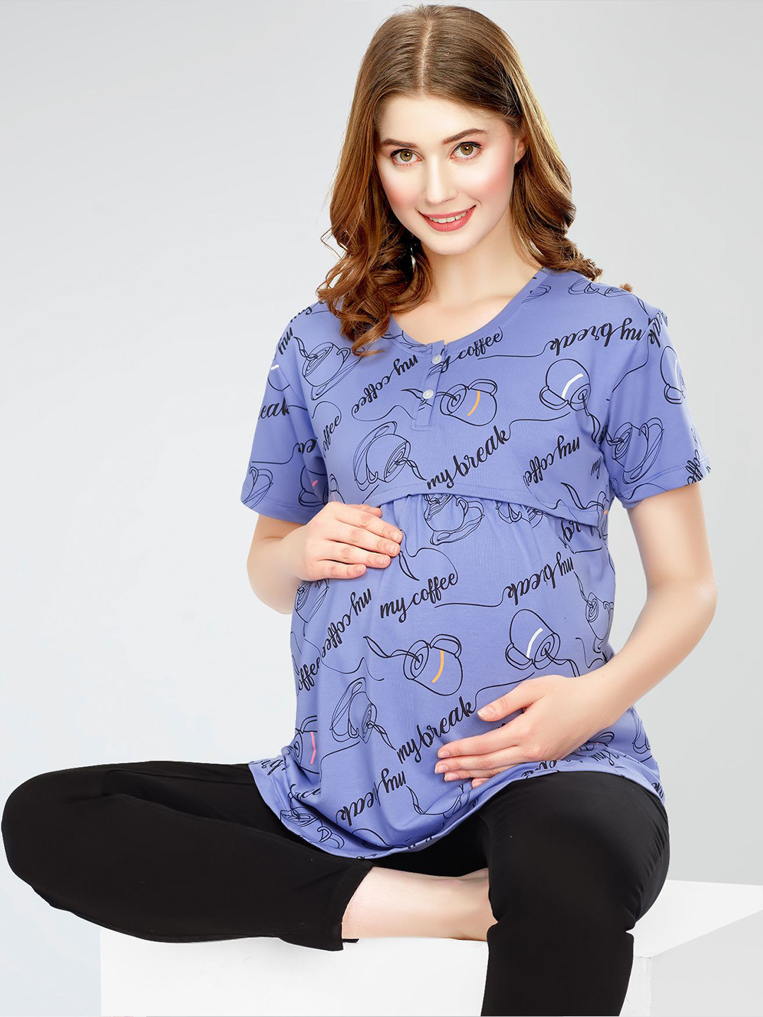 Zeyo Women Conversational Print Cotton Round Neck Short Sleeves Maternity Top
