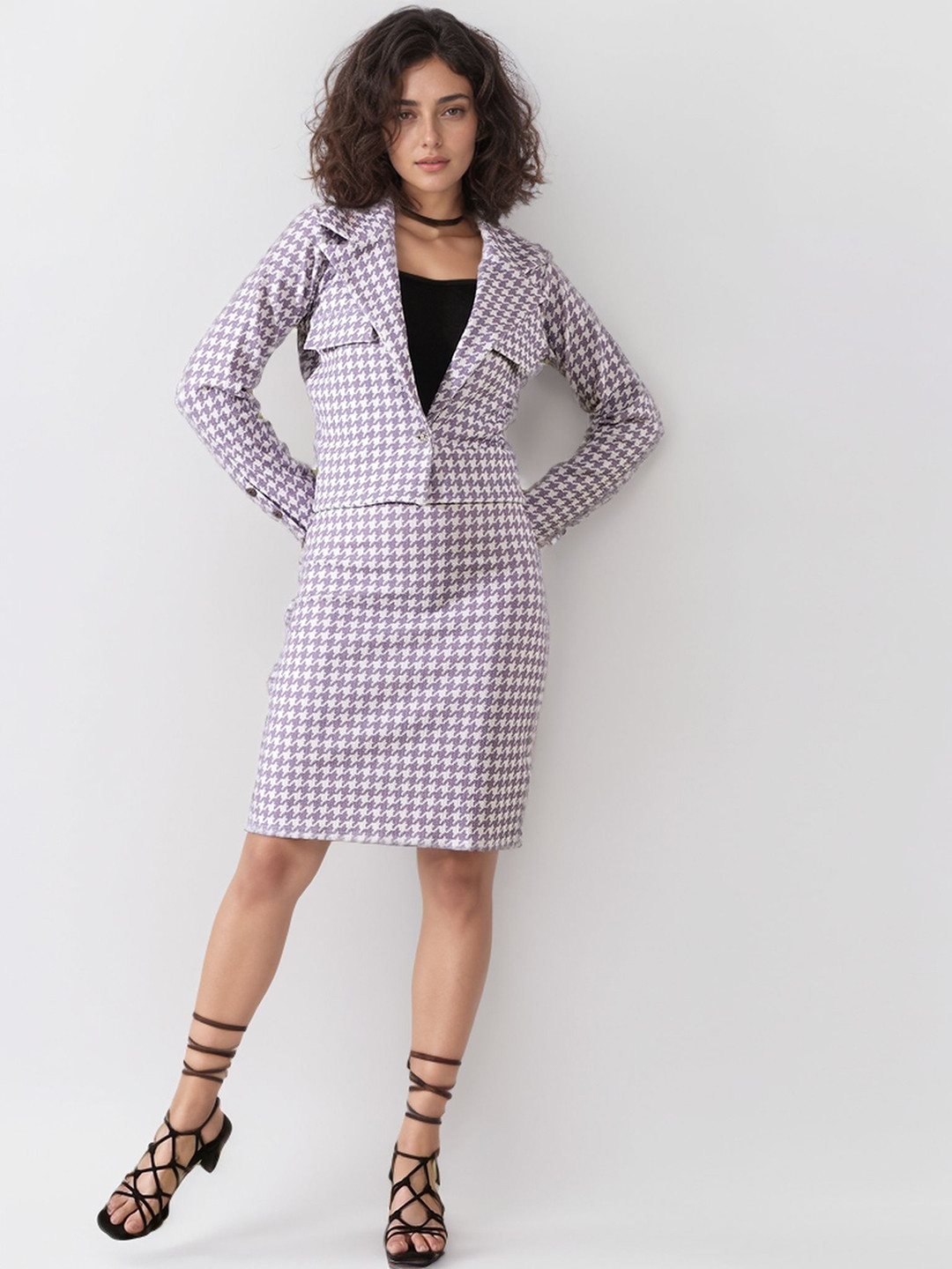 DressBerry Purple Checked Shawl Neck Top & Skirt With Blazer