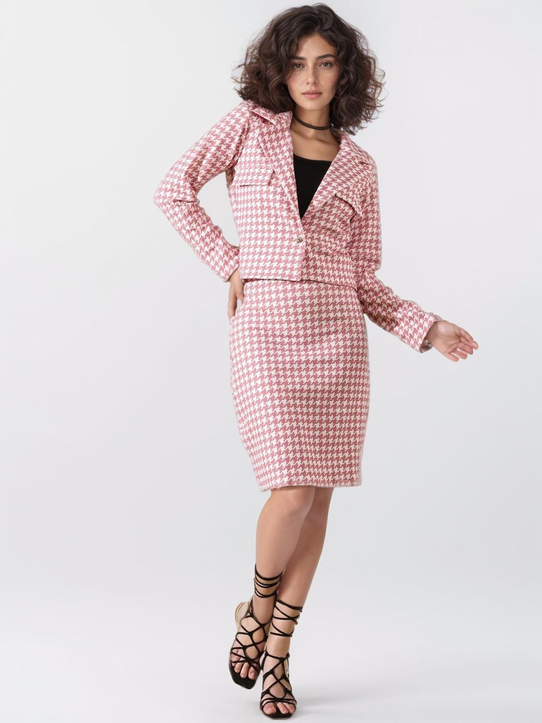 DressBerry Orange Checked Shoulder Straps Top & Skirt With Blazer