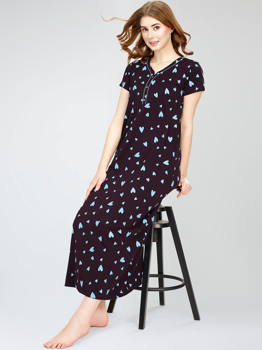 Zeyo Coversational Printed Pure Cotton Maxi Nightdress