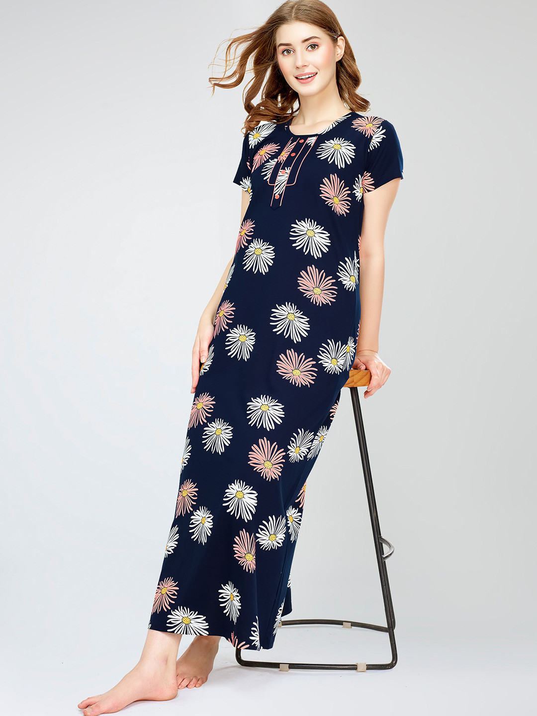 Zeyo Floral Printed Pure Cotton Maxi Nightdress