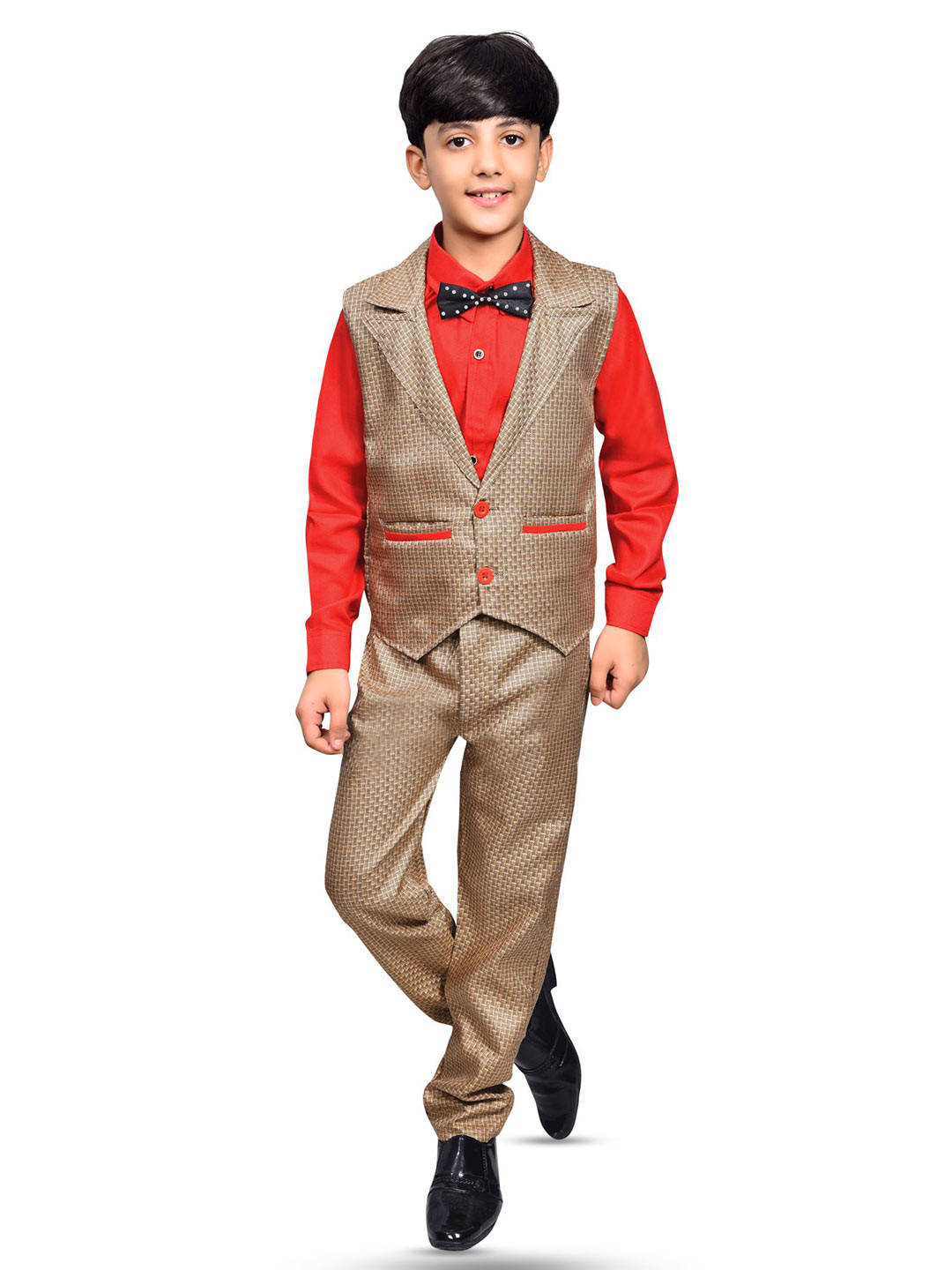 BAESD Boys Shirt With Self Design Trouser & Waistcoat