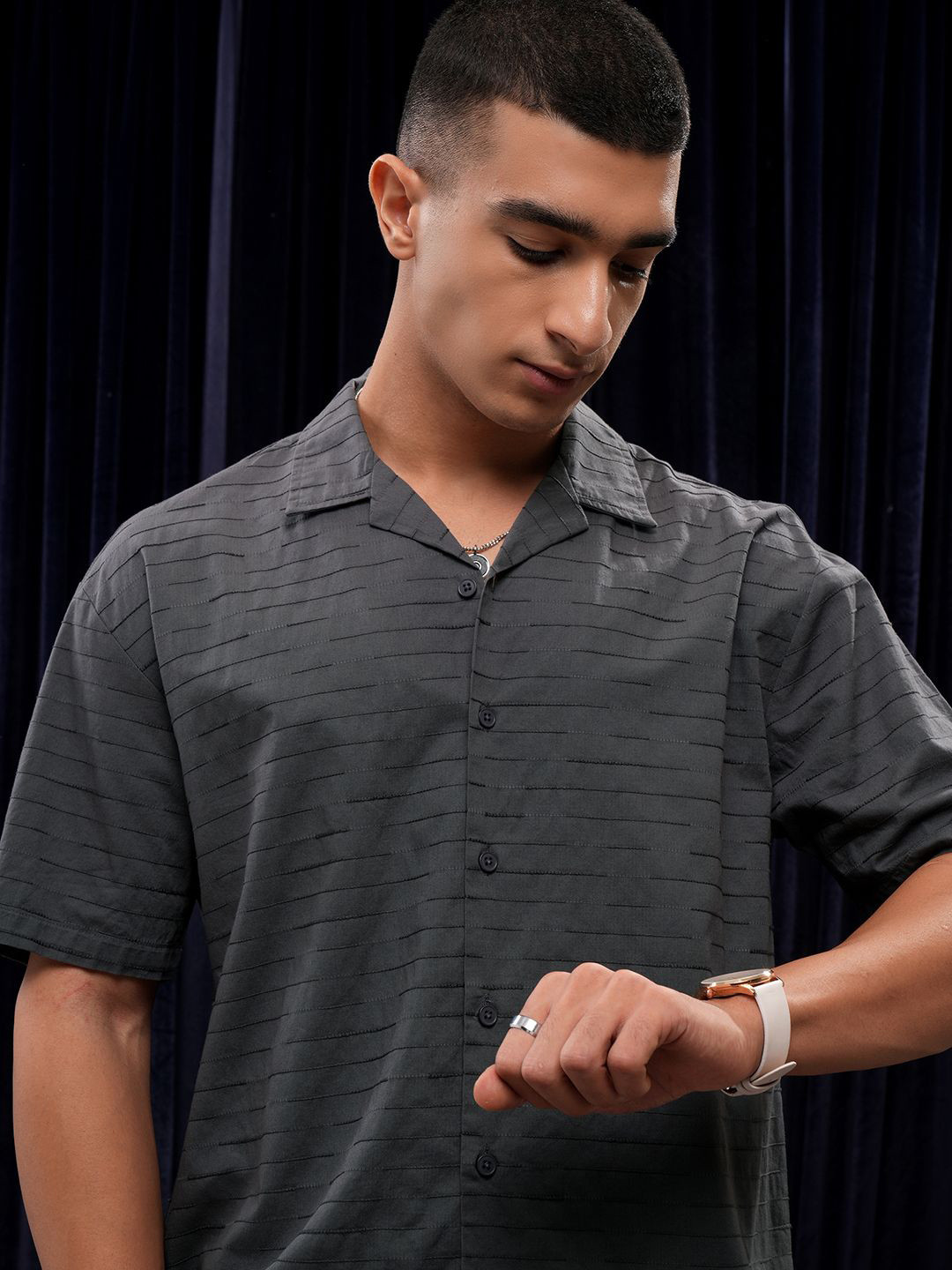 HIGHLANDER Men Special Yarn Dobby Textured Solid Cuban Collar Relaxed Fit Shirt