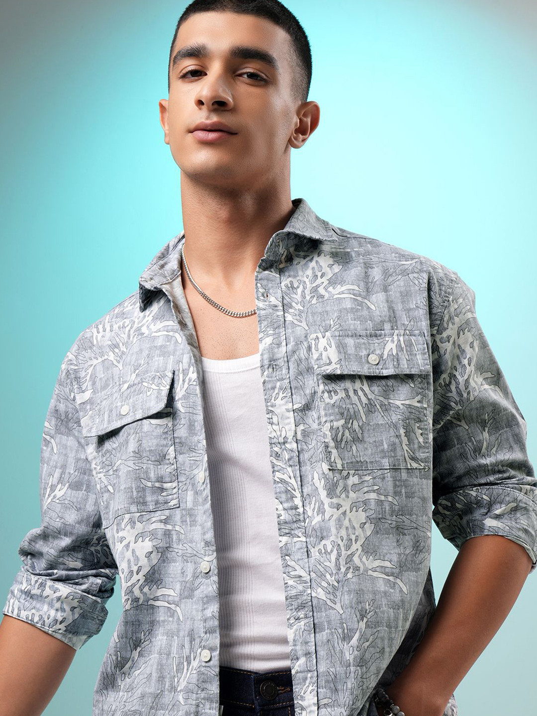 HIGHLANDER Men Dobby Textured Printed Utility Pocket Relaxed Fit Shirt