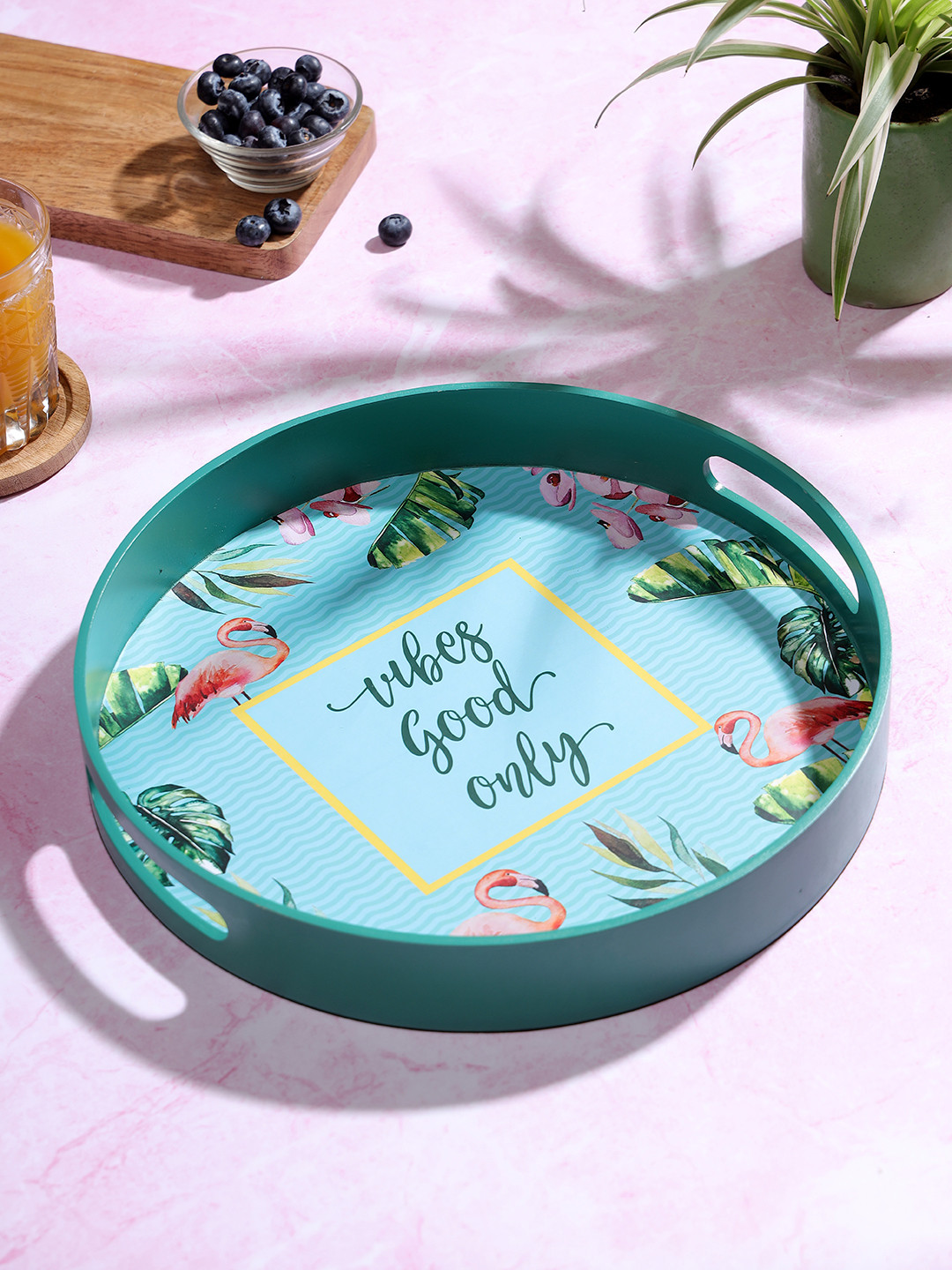 DULI Blue Printed MDF Wooden Round Shaped Serving Tray
