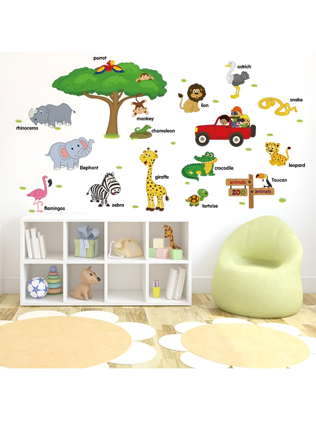 Asian royal Green & Red Cartoon Characters Printed Self Adhesive Wall Sticker
