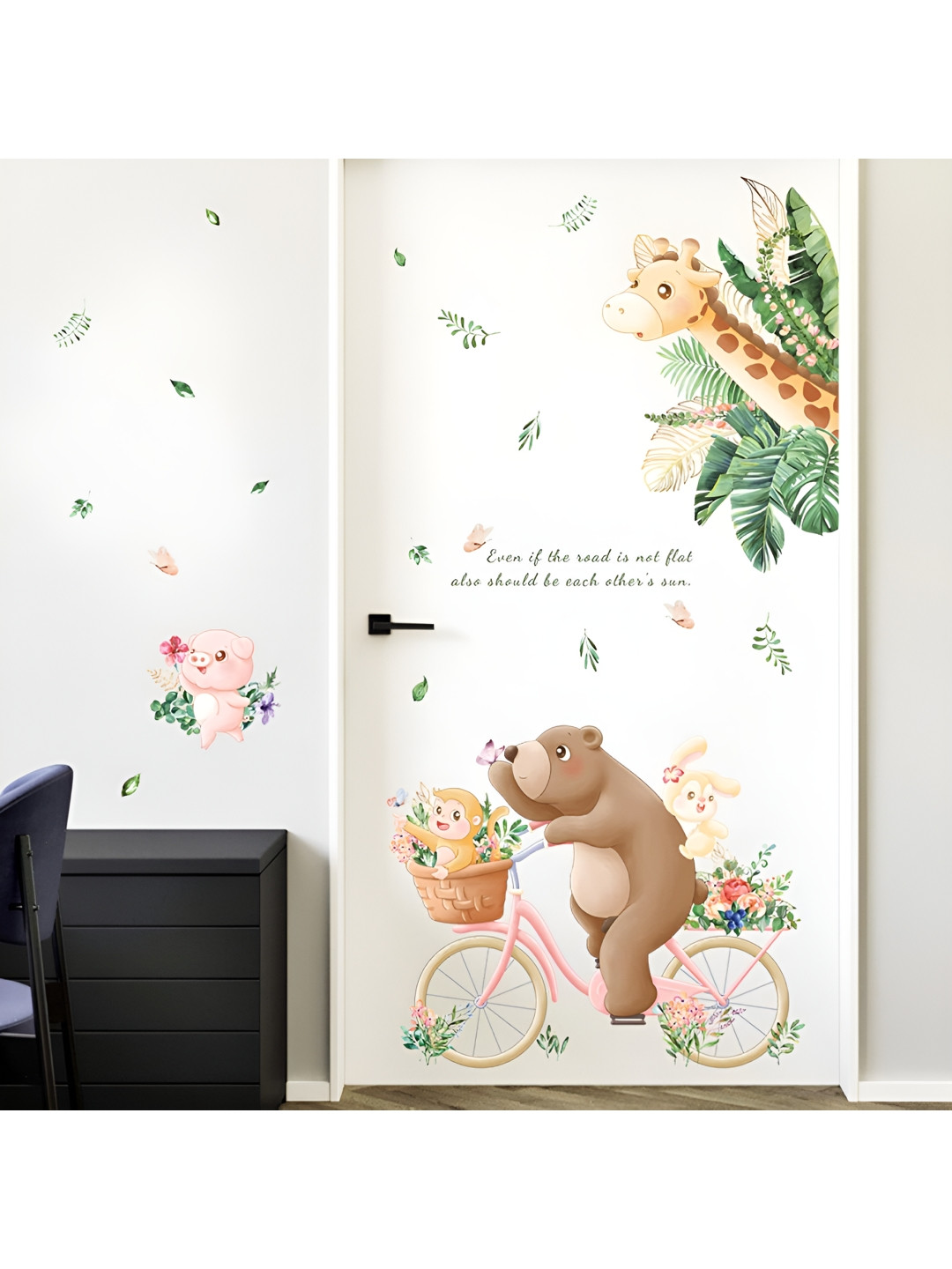 Asian royal Brown & Green Cartoon Print Self Adhesive Wall Sticker