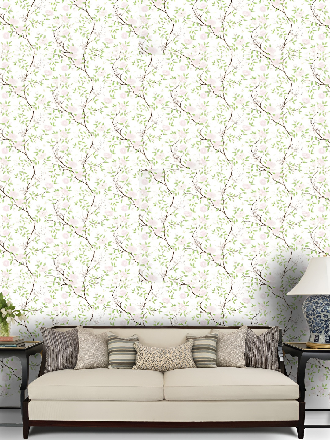 Asian royal Pink & Green Floral Printed Self Adhesive Wall Sticker