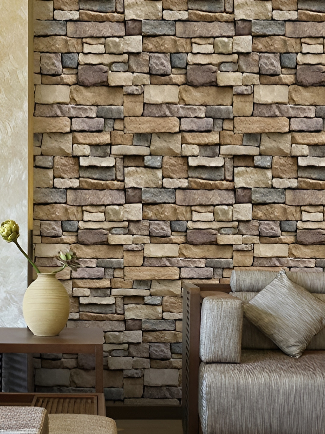 Asian royal Brown & beige Brick Pattern Print Self Adhesive Wall Sticker