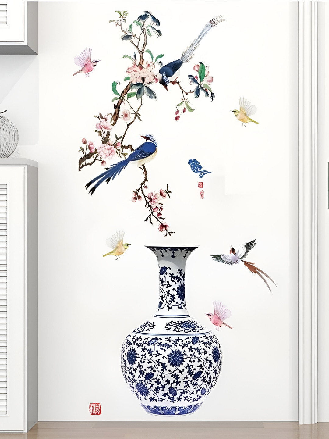 Asian royal Blue & Pink Floral Printed Self Adhesive Wall Sticker