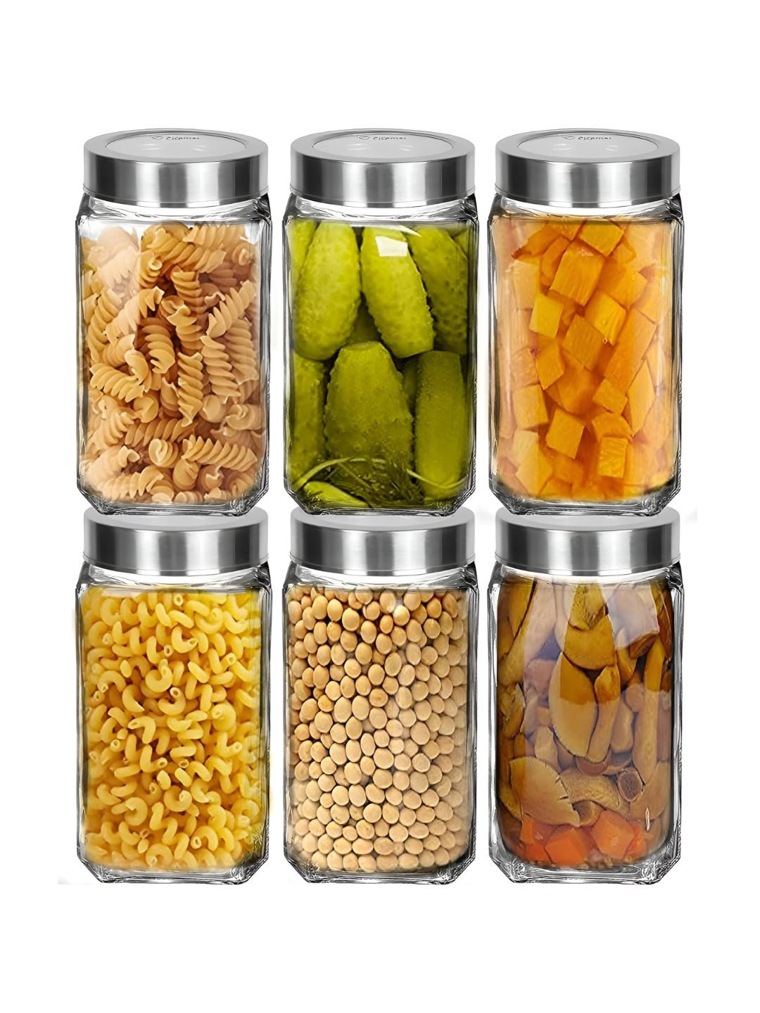 Tyche Enterprises Cubical Transparent Glass Dishwasher Safe 6 Piece Screw Top Jar-1L