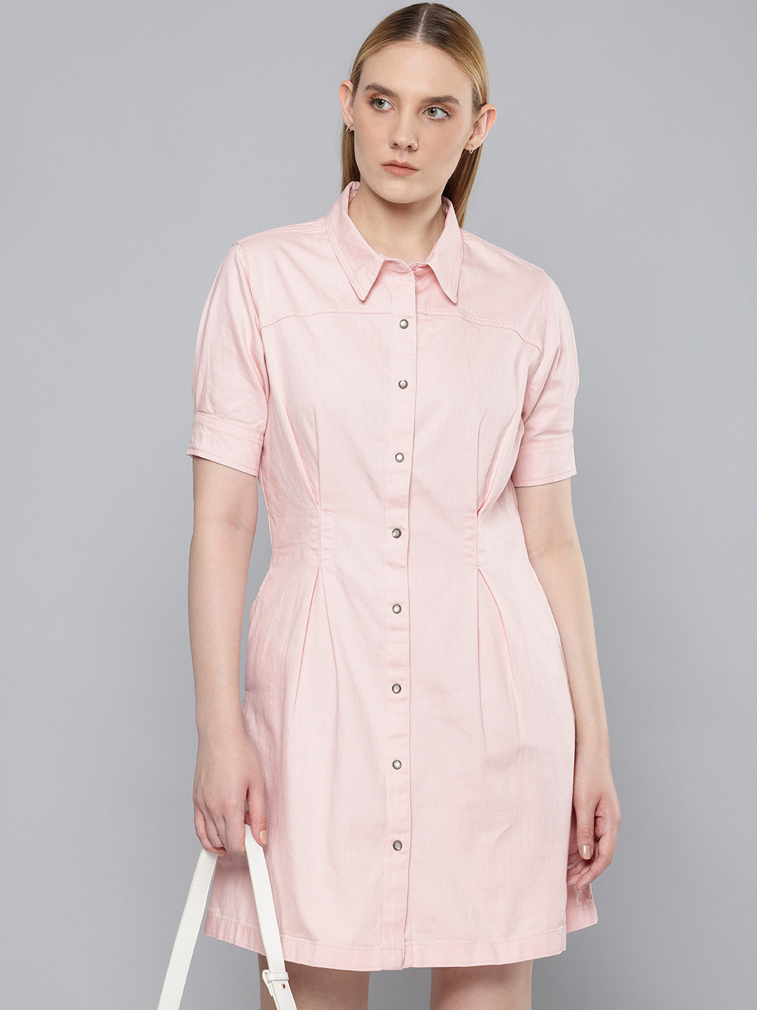 Levis Women's Solid Light Pink Spread Collar Shirt Dress