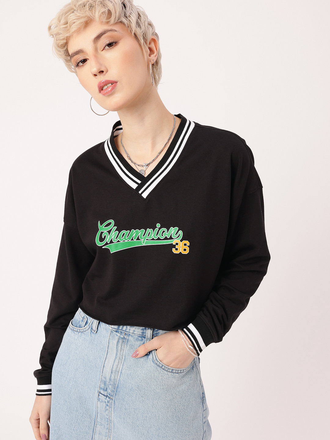 DressBerry Printed Cotton Terry Boxy Fit Crop Sweatshirt