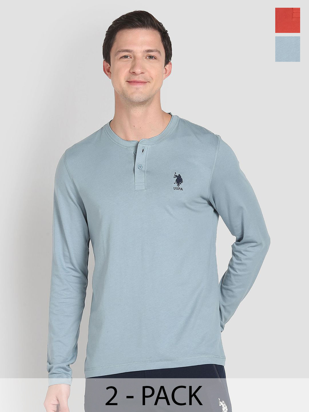U.S. Polo Assn. Pack Of 2 Pure Cotton Henley Neck Long Sleeves Lounge Tshirts