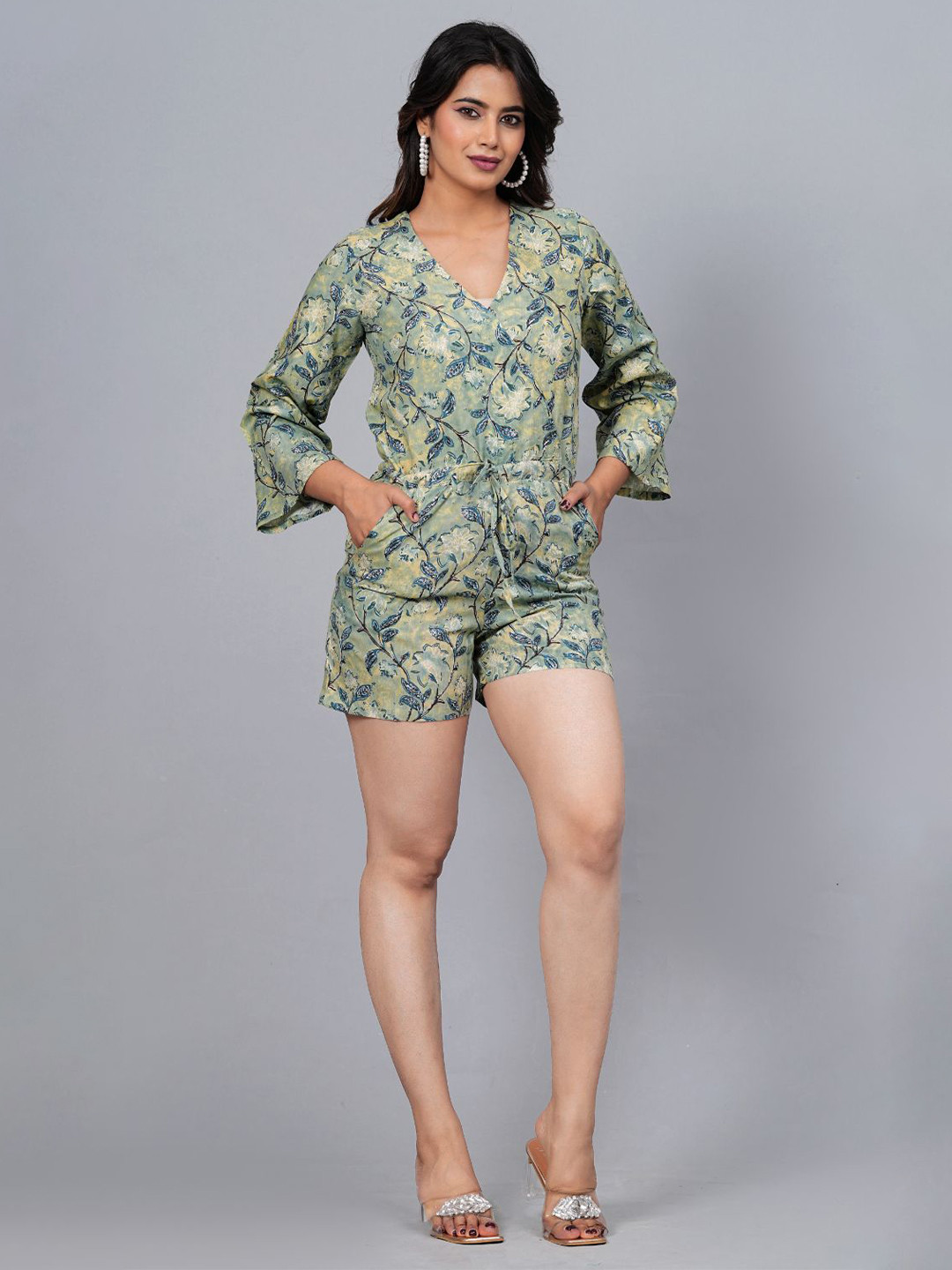FCV Floral Print Bell Sleeve Shirt Mini Dress