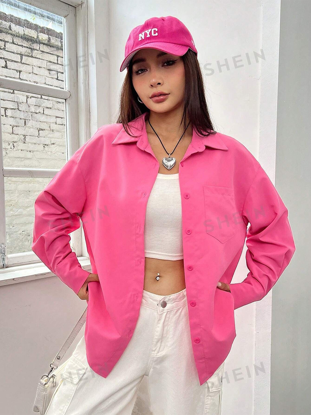 Fab Star Women Comfort Solid Oversized Pocket Casual Shirt