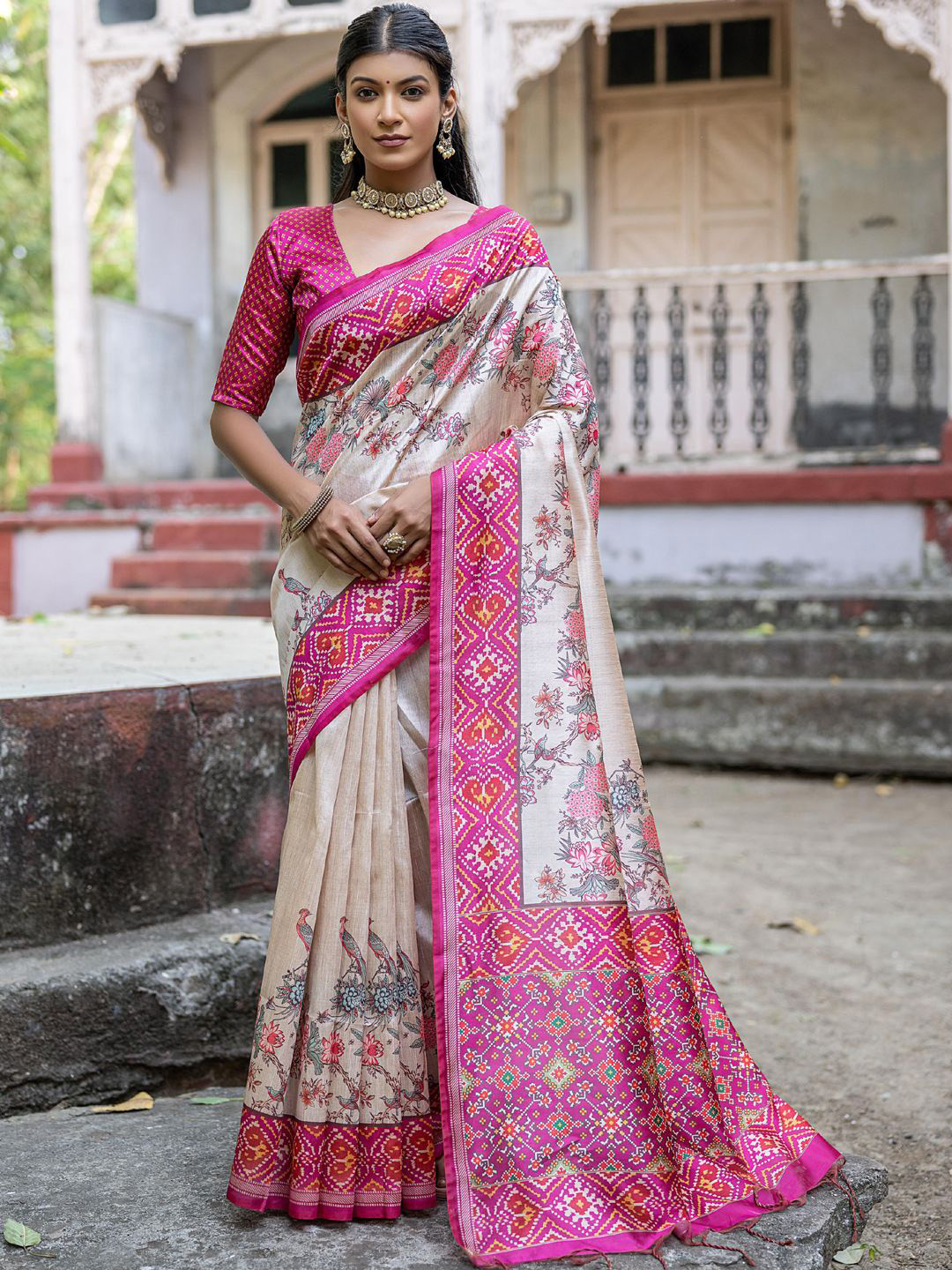 Mitera Floral Print Tussar  Saree