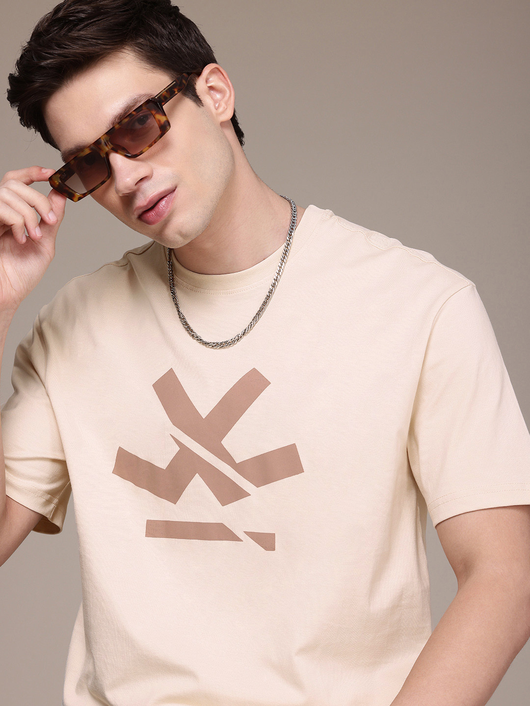 WROGN Pure Cotton Brand Logo Printed Drop-Shoulder Sleeves Oversized T-shirt