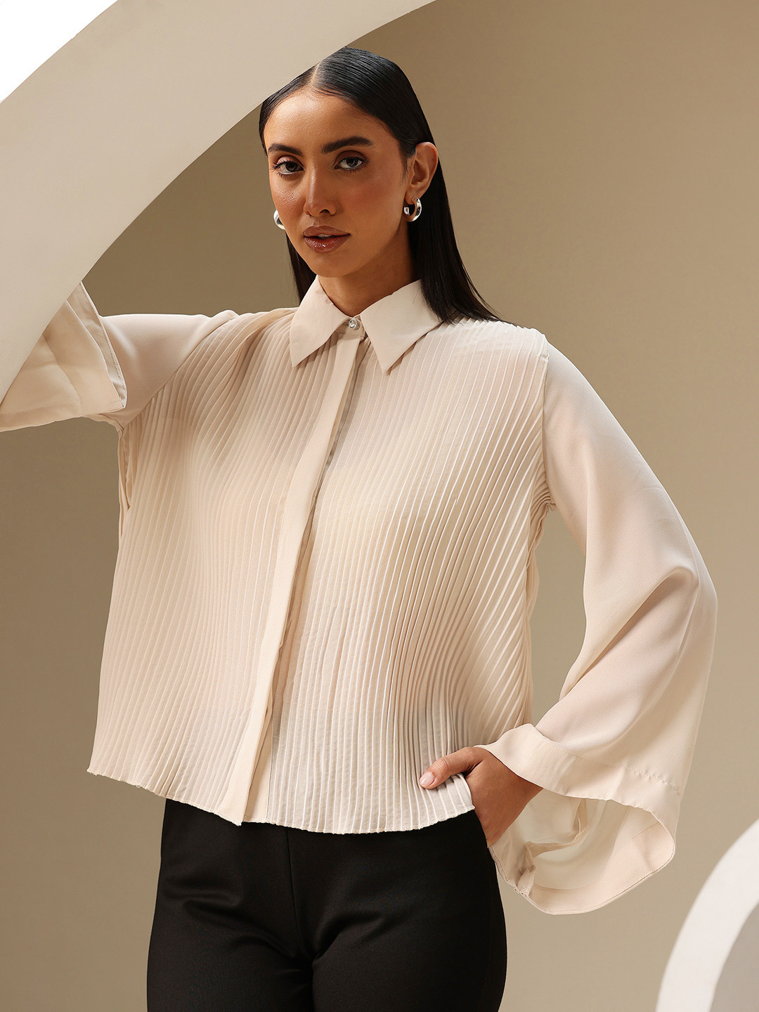 Chemistry Accordion Pleated Semi Sheer Flared Sleeve Regular Fit Shirt