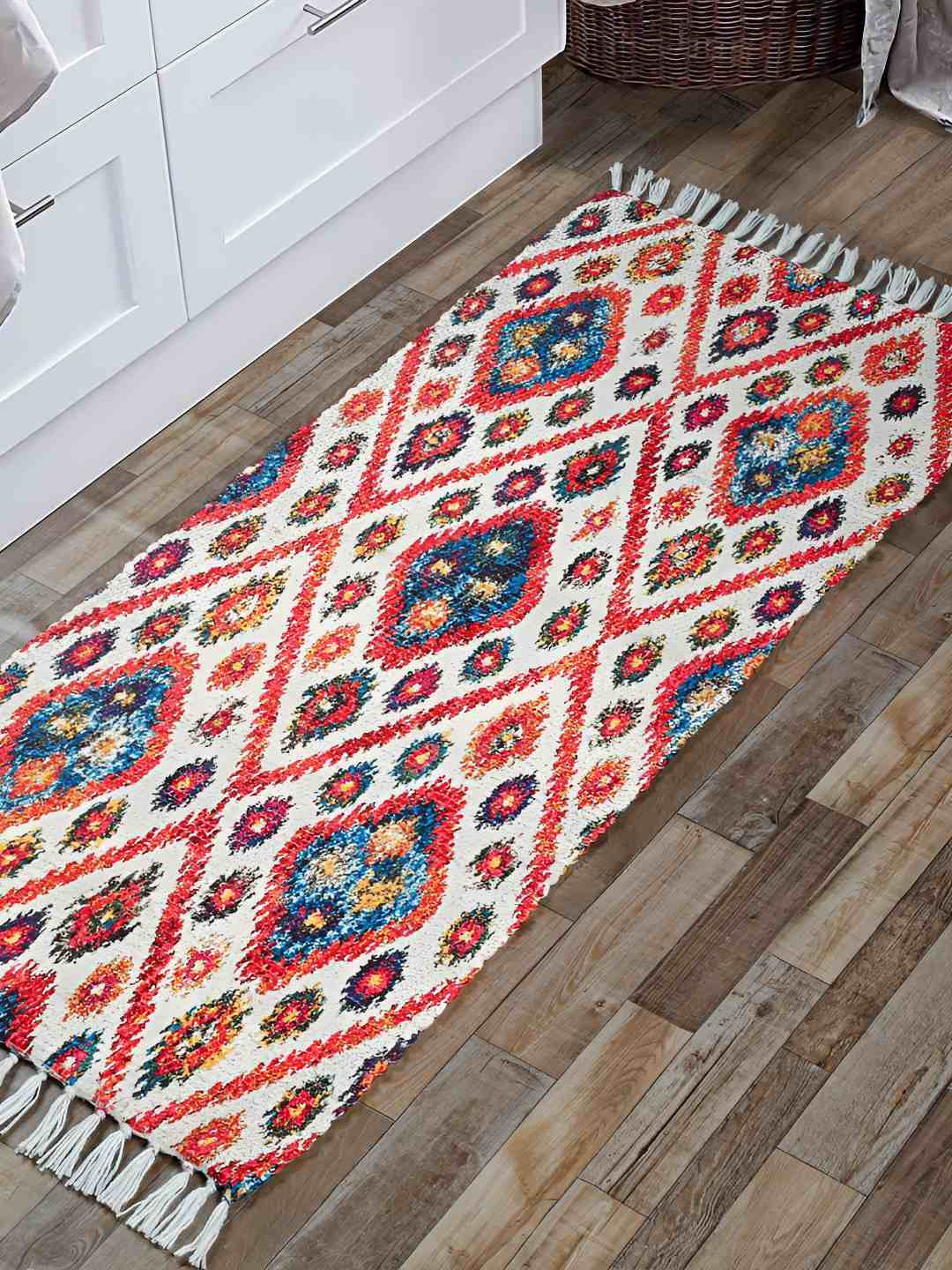 HOMADORN Red & Blue Geometric Printed Anti-Skid Rectangular Floor Mats