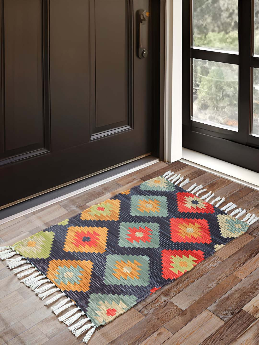 HOMADORN Blue & Red Geometric Printed Anti Skid Rectangular Floor Mat