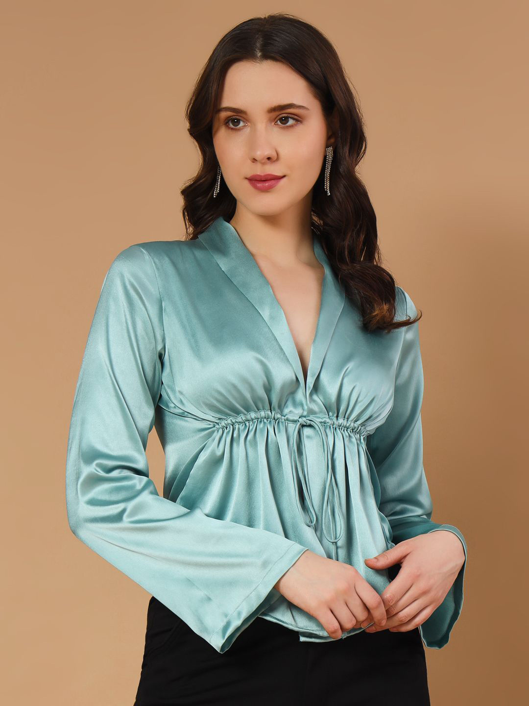 Trend Arrest Women Flared Sleeve Empire Tie Up Top